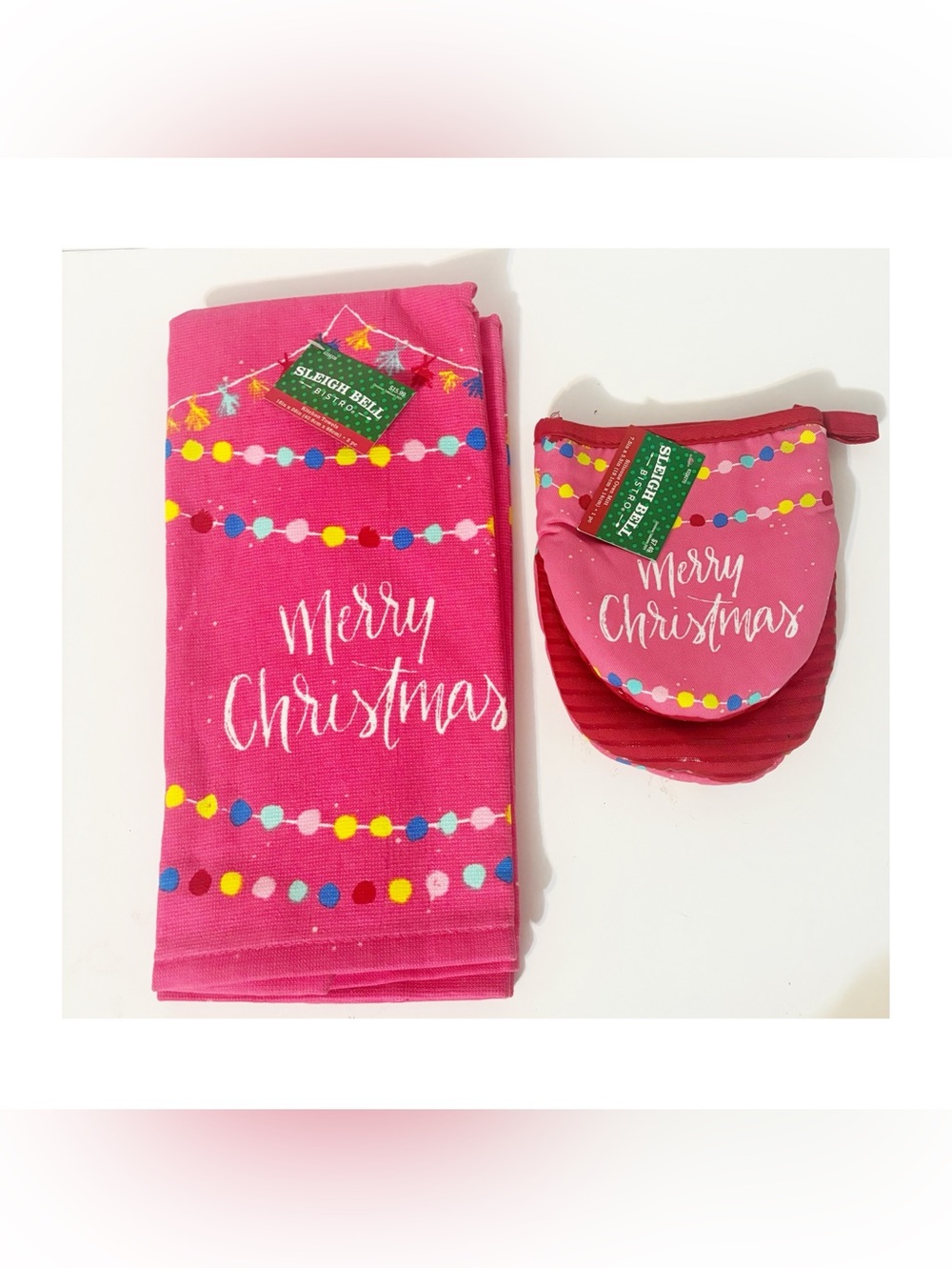 3 Pc Sleigh Bell Bistro Merry Christmas Kitchen Towel & Oven Mitt Set, Pink, New